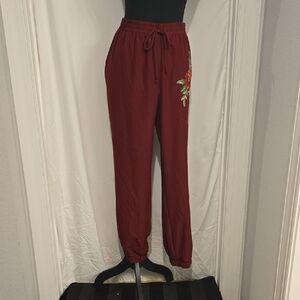Joe B Burgundy Joggers with Floral Embroidery